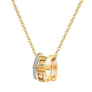 18K Gold Plated Triple Ring Necklace • Stainless Steel Pendant • CZ Accent
